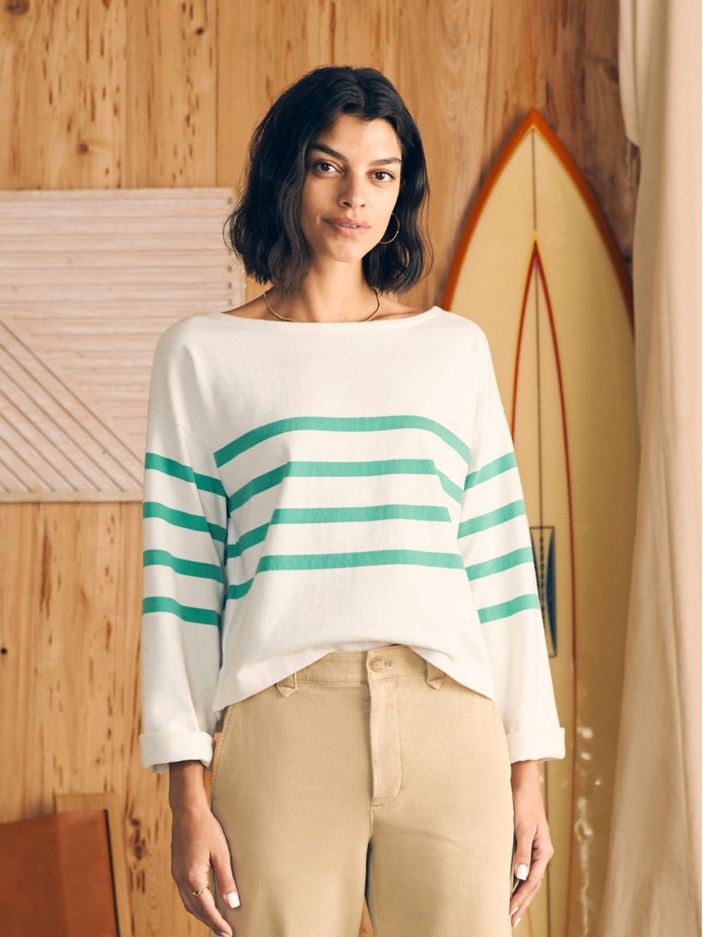 Faherty Sport Jersey Long-Sleeve Tee in Green Cape May Stripe